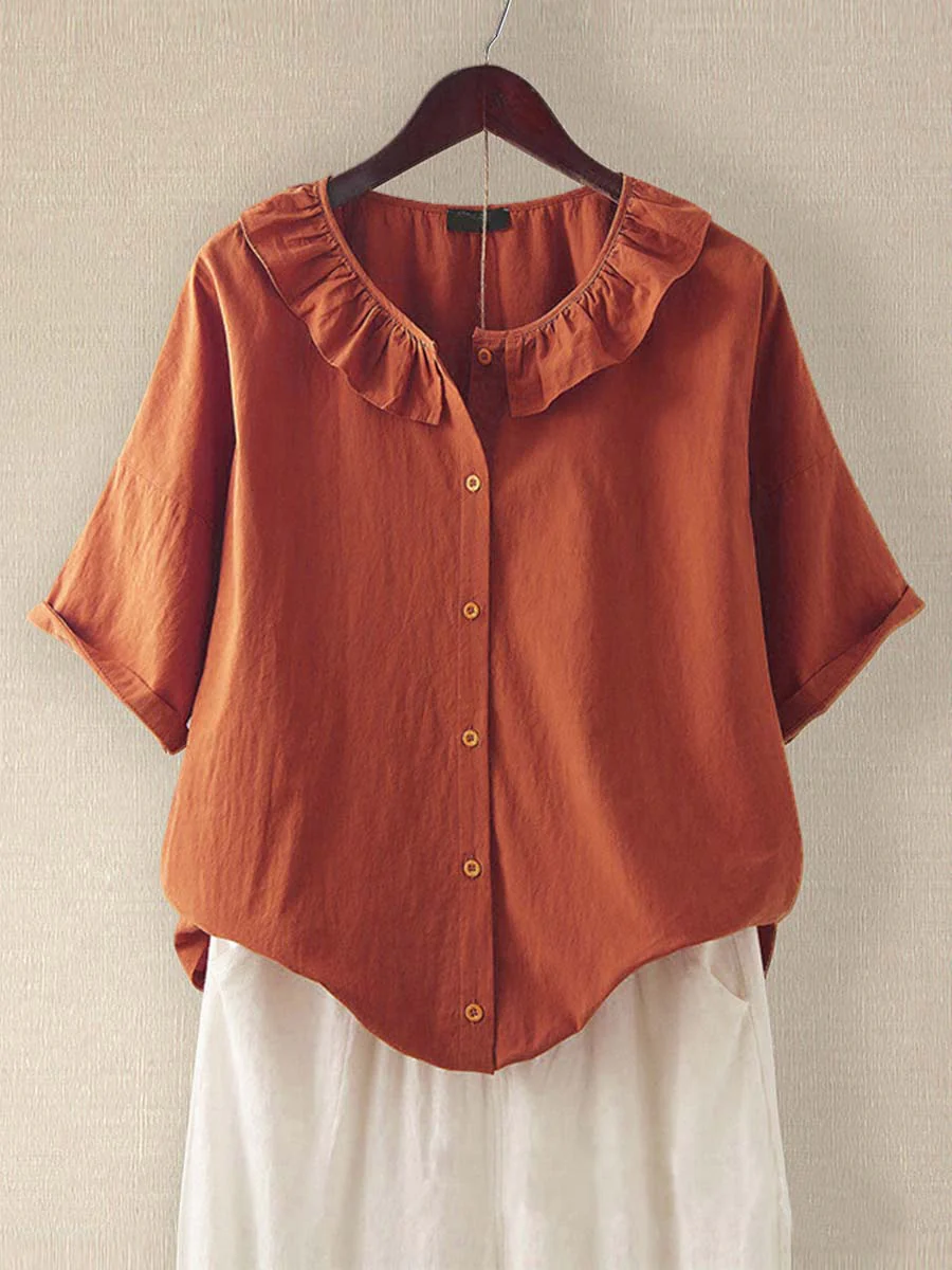 Women's Solid Color Round Neck Casual Linen Half Sleeve Shirt - Image 3