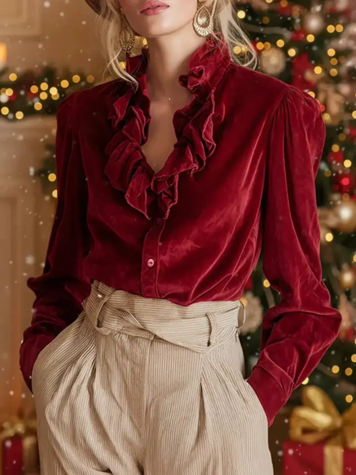 Women's Solid Color V-neck Ruffled Long Sleeve Casual Loose Velvet Shirt - Image 2