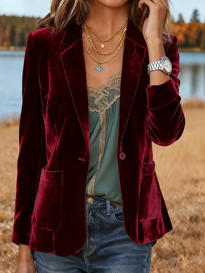 Women'S Solid Color Velvet Short Suit Jacket - Image 2
