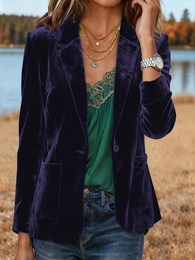 Women'S Solid Color Velvet Short Suit Jacket - Image 4