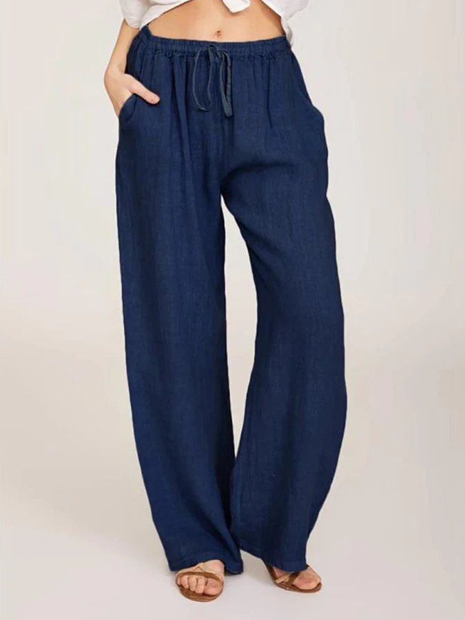 Women's Solid Cotton Linen Wide Leg Pants - Image 3