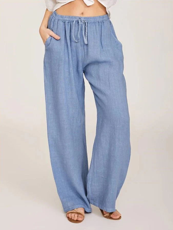 Women's Solid Cotton Linen Wide Leg Pants - Image 4