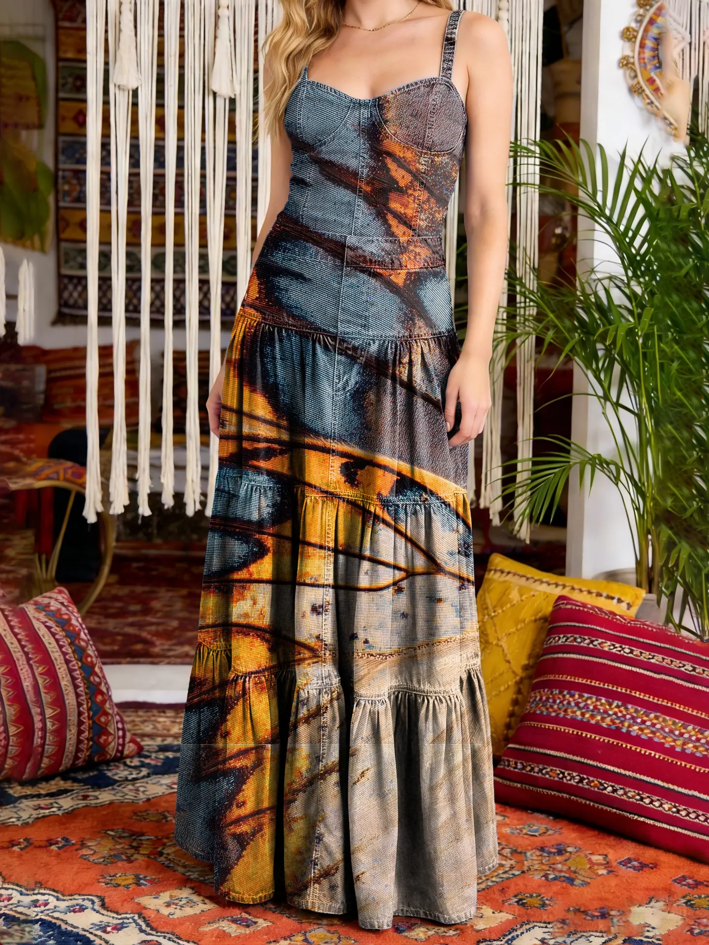 Women's Southeast Asian-inspired Patterned Art Print Casual Halter Denim Skirt