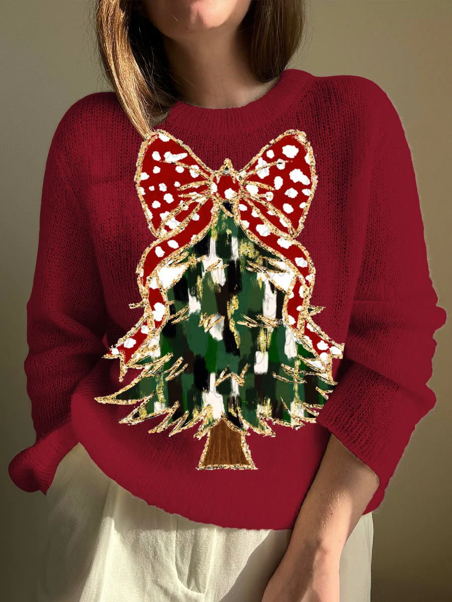 Women's Sparkling Red Leopard Bow and Christmas Tree Print Cozy Soft Red Crew Neck Sweater