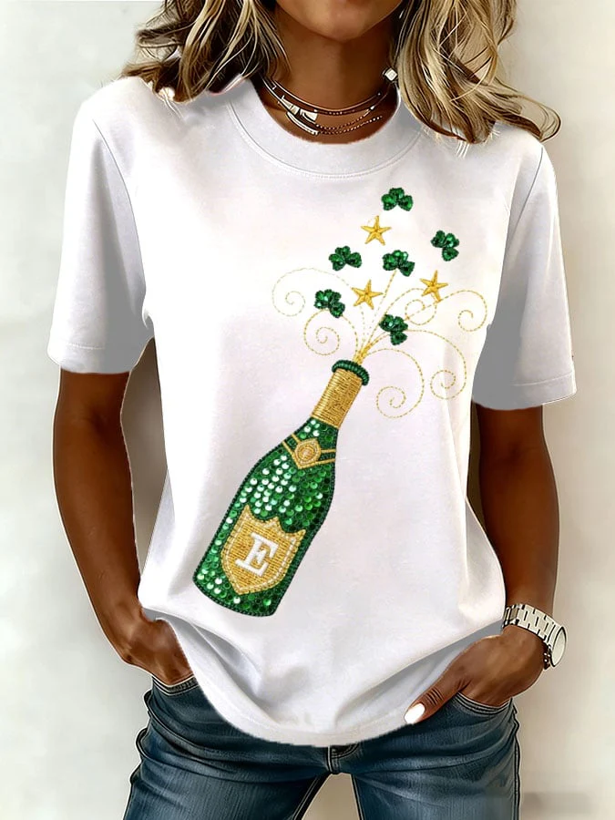 Women's St. Patrick's Day Champagne and Shamrocks Casual T-shirt