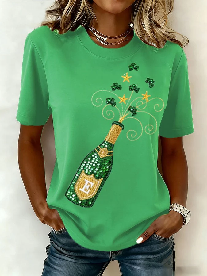 Women's St. Patrick's Day Champagne and Shamrocks Casual T-shirt - Image 2