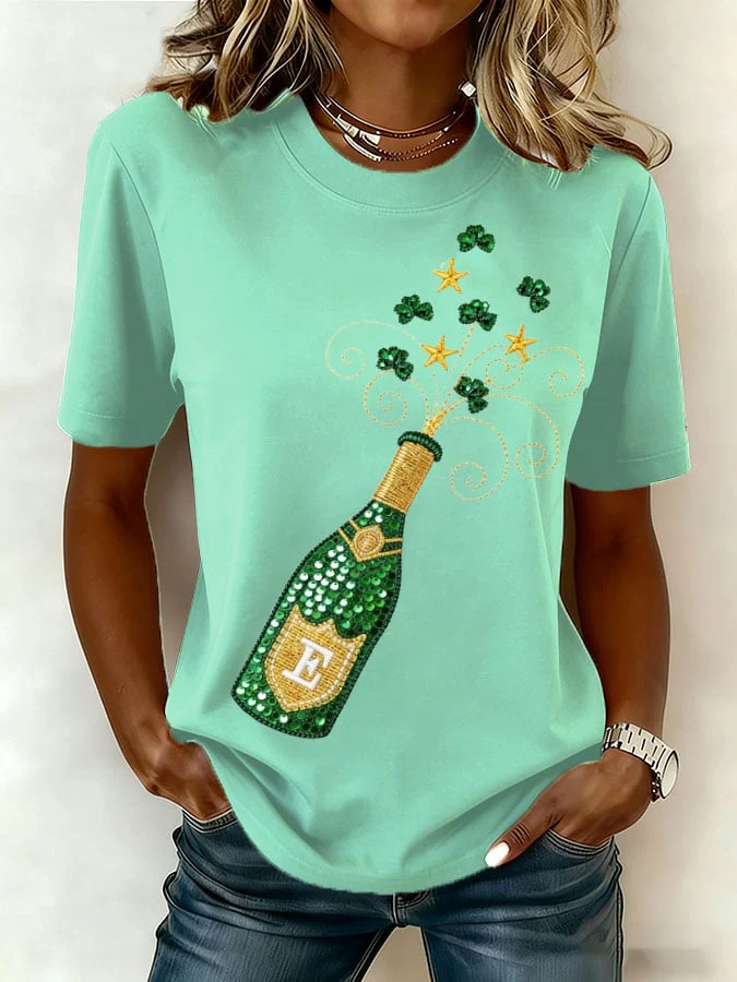 Women's St. Patrick's Day Champagne and Shamrocks Casual T-shirt - Image 3