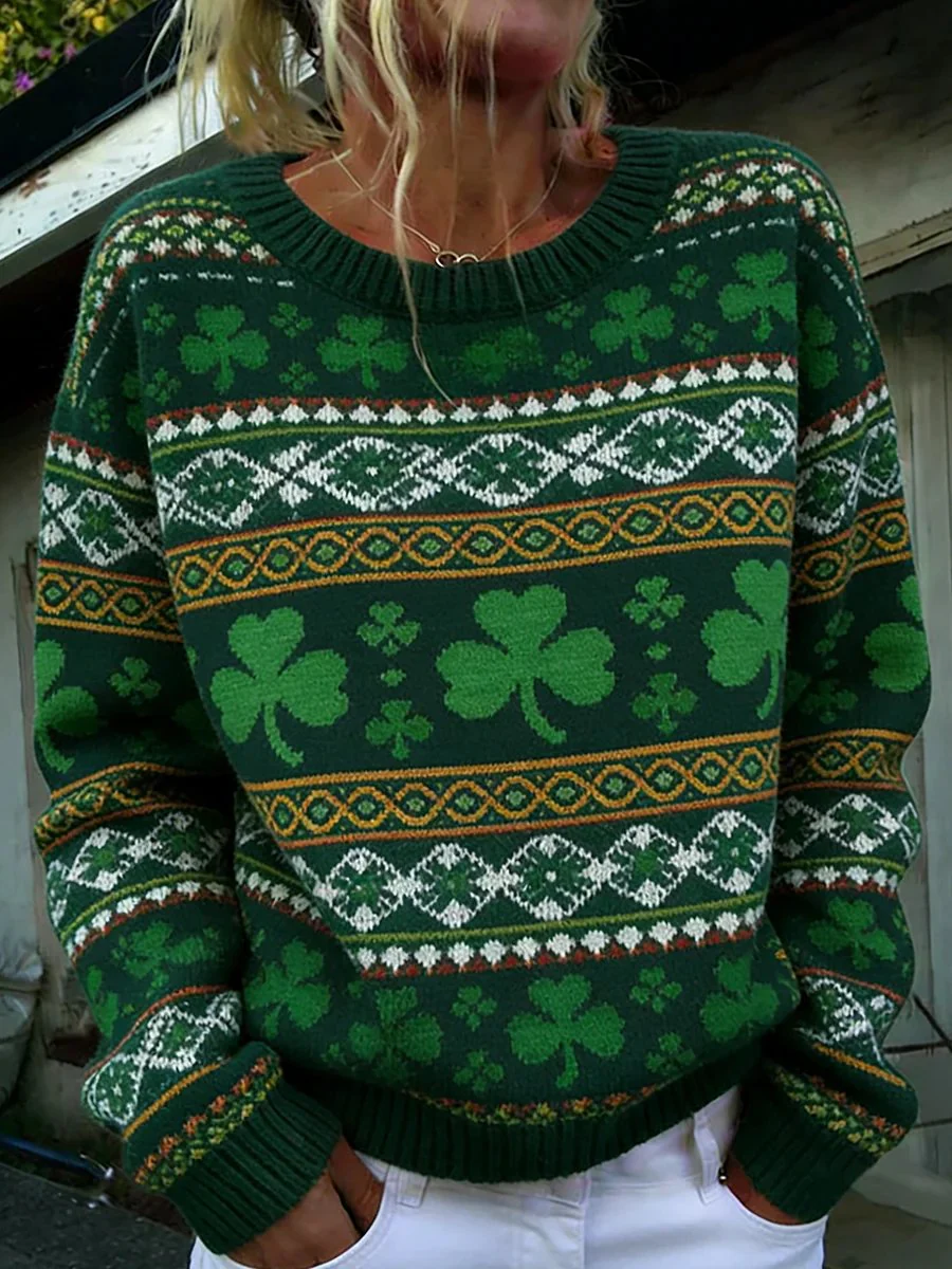 Women's St. Patrick's Day Print Knit Crew Neck Long Sleeve Top