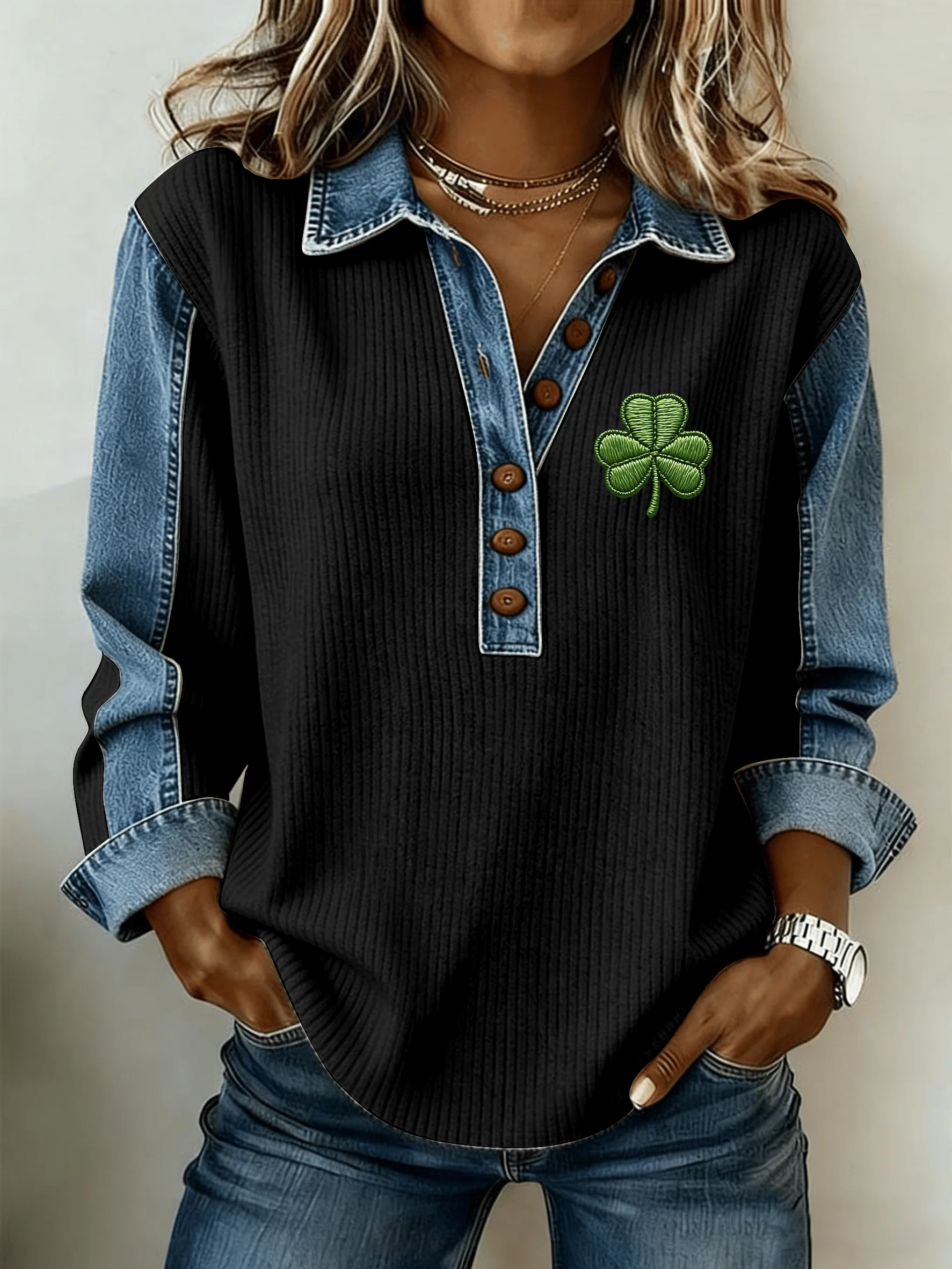 Women's St. Patrick's Day Printed Collar Button-Down Knit Top - Image 3