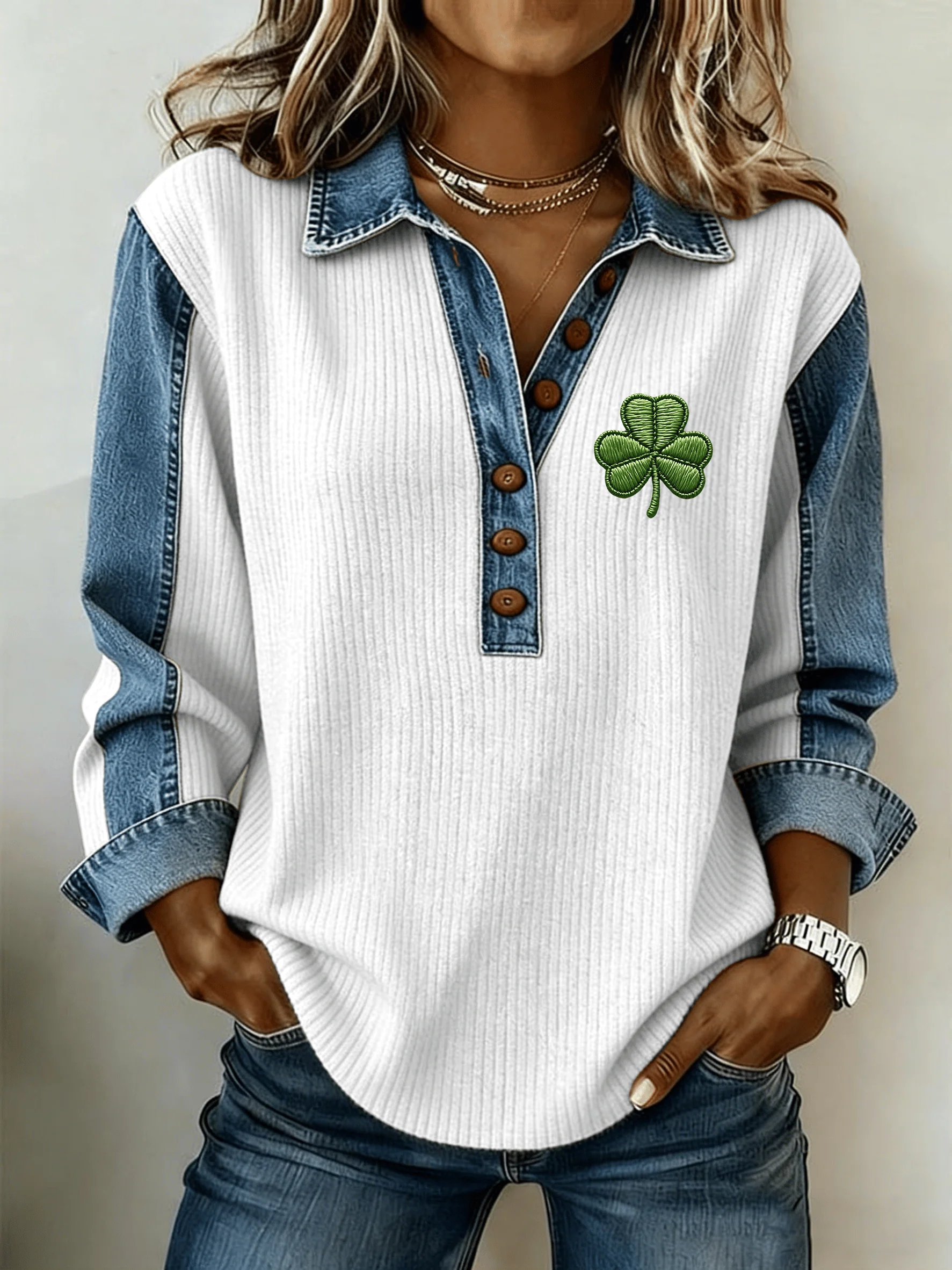 Women's St. Patrick's Day Printed Collar Button-Down Knit Top - Image 5