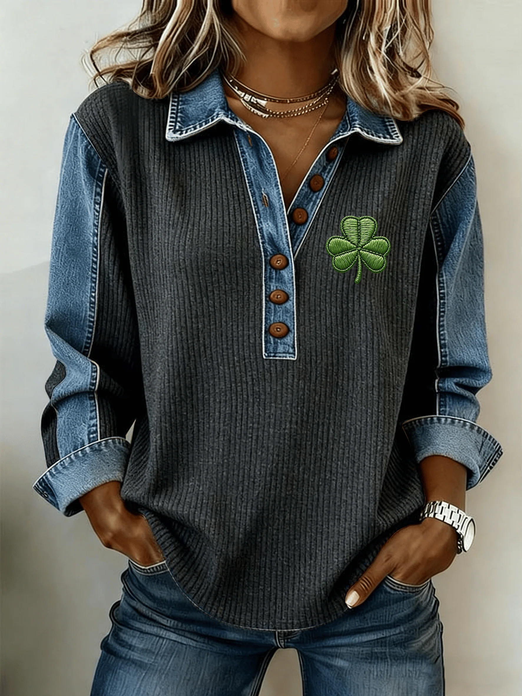 Women's St. Patrick's Day Printed Collar Button-Down Knit Top - Image 6