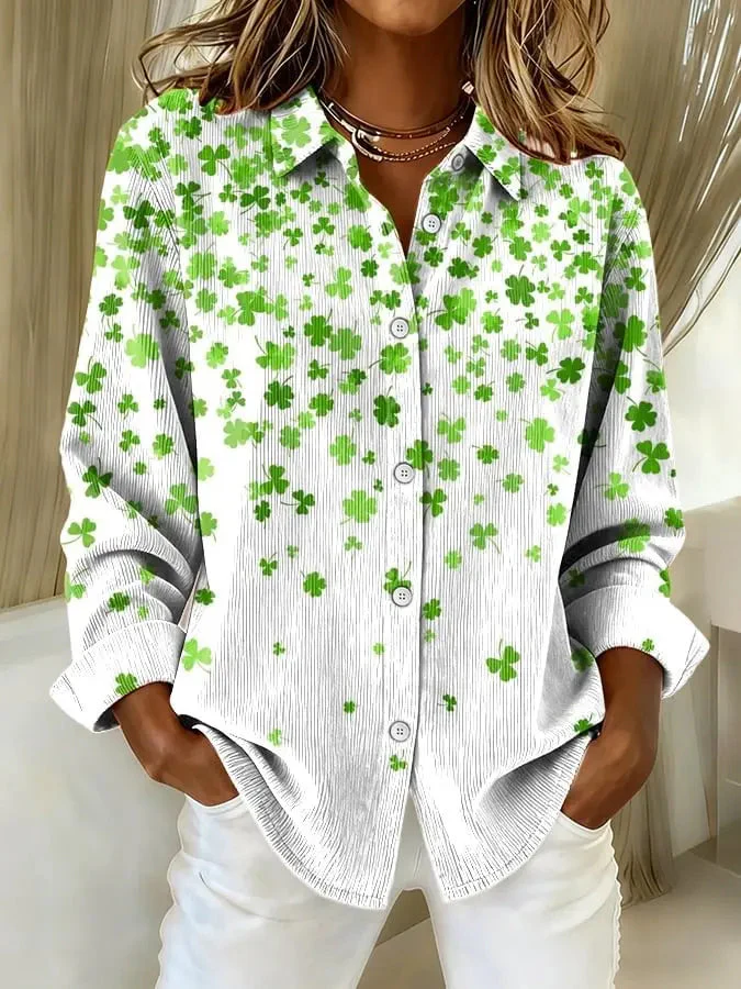 Women's St. Patrick's Day Shamrock Print Corduroy Design Shirt