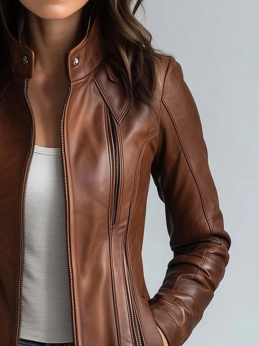 Women's Stand Collar Vintage Faux Leather Jacket - Image 3