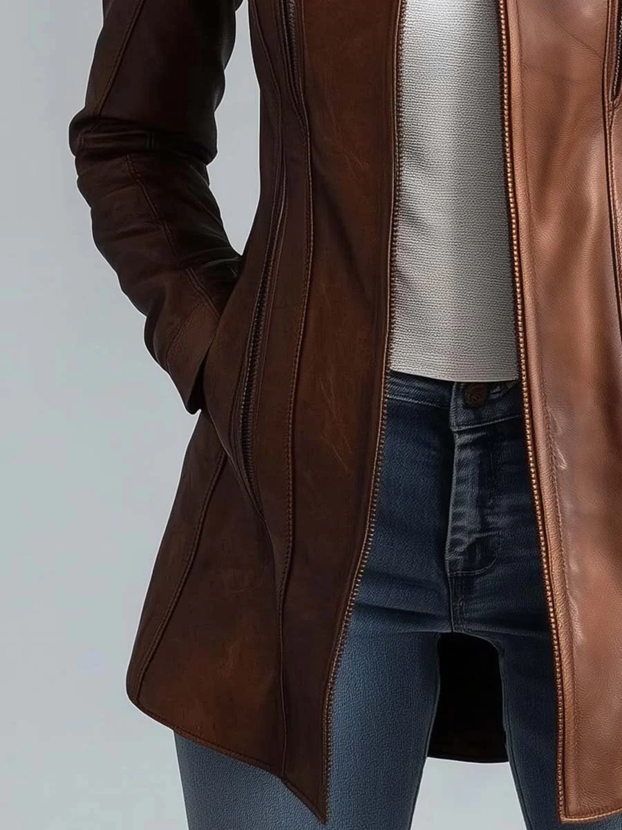Women's Stand Collar Vintage Faux Leather Jacket - Image 4