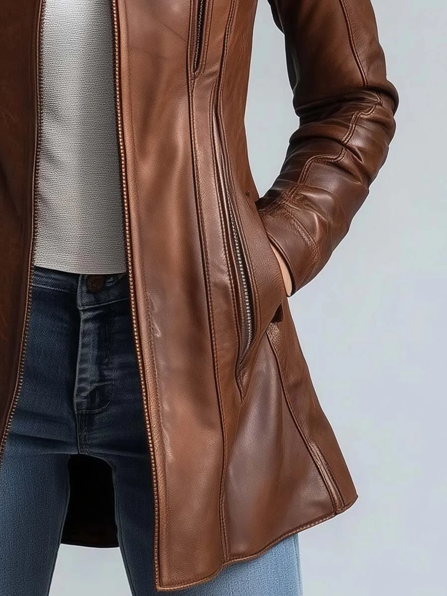 Women's Stand Collar Vintage Faux Leather Jacket - Image 5