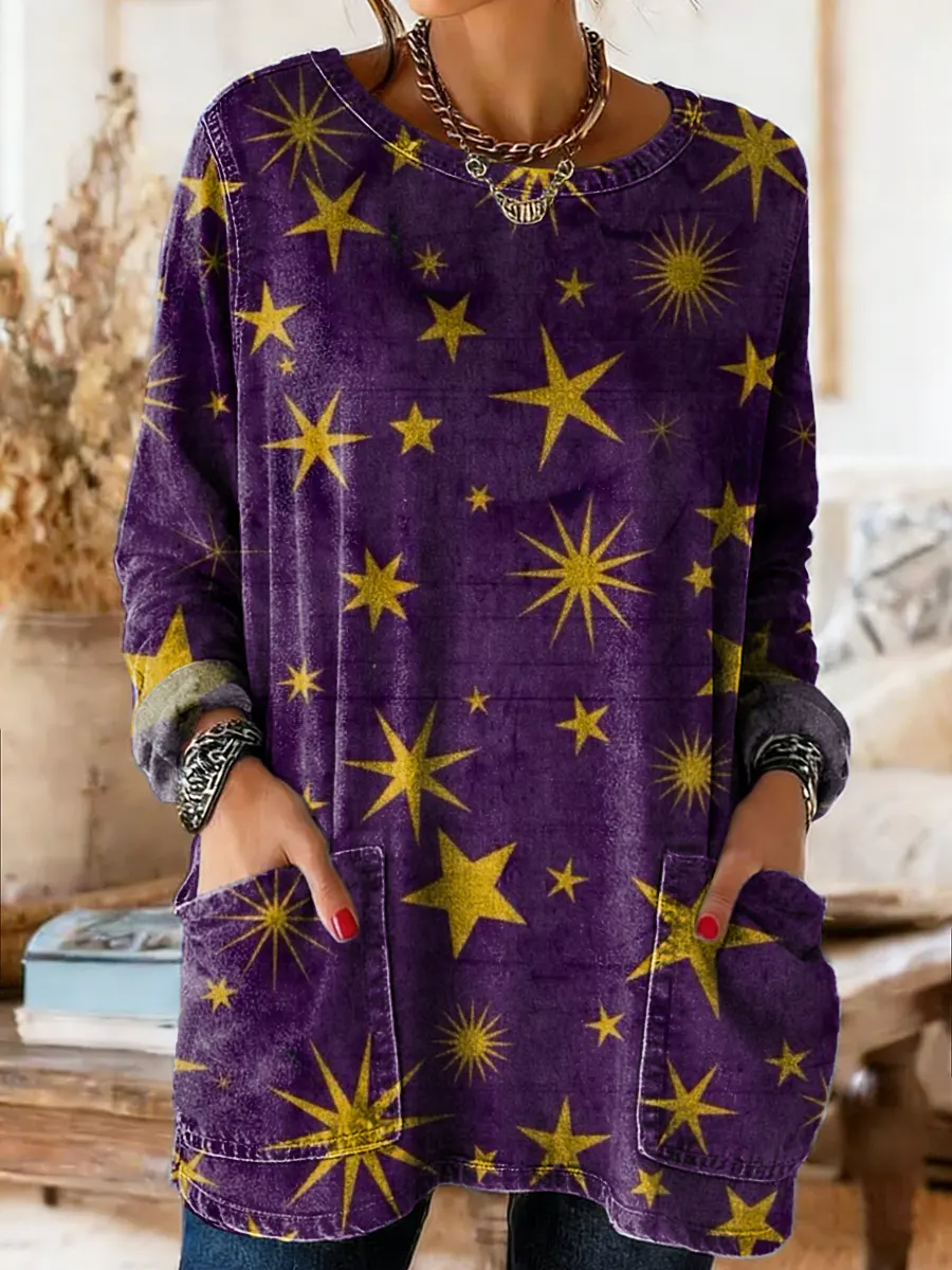 Women's Star-patterned Art Print Casual Long-sleeve Crew Neck Pocket Cotton Denim T-shirt