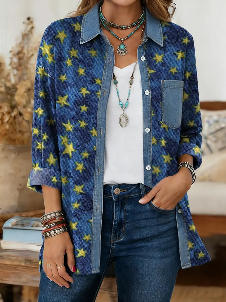 Women's Star-patterned Art Print Long-sleeve Casual Shirt