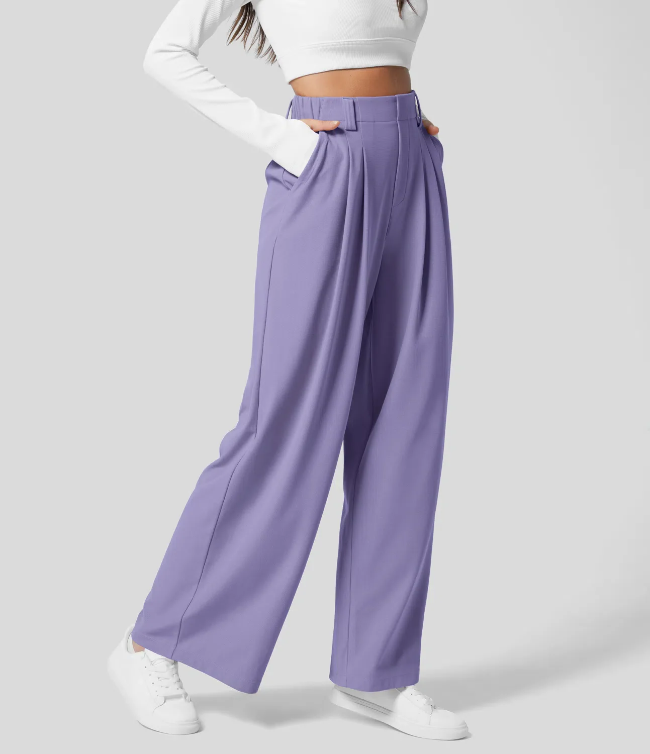 High Waisted Plicated Side Pocket Wide Leg Waffle Work Pants - Image 10