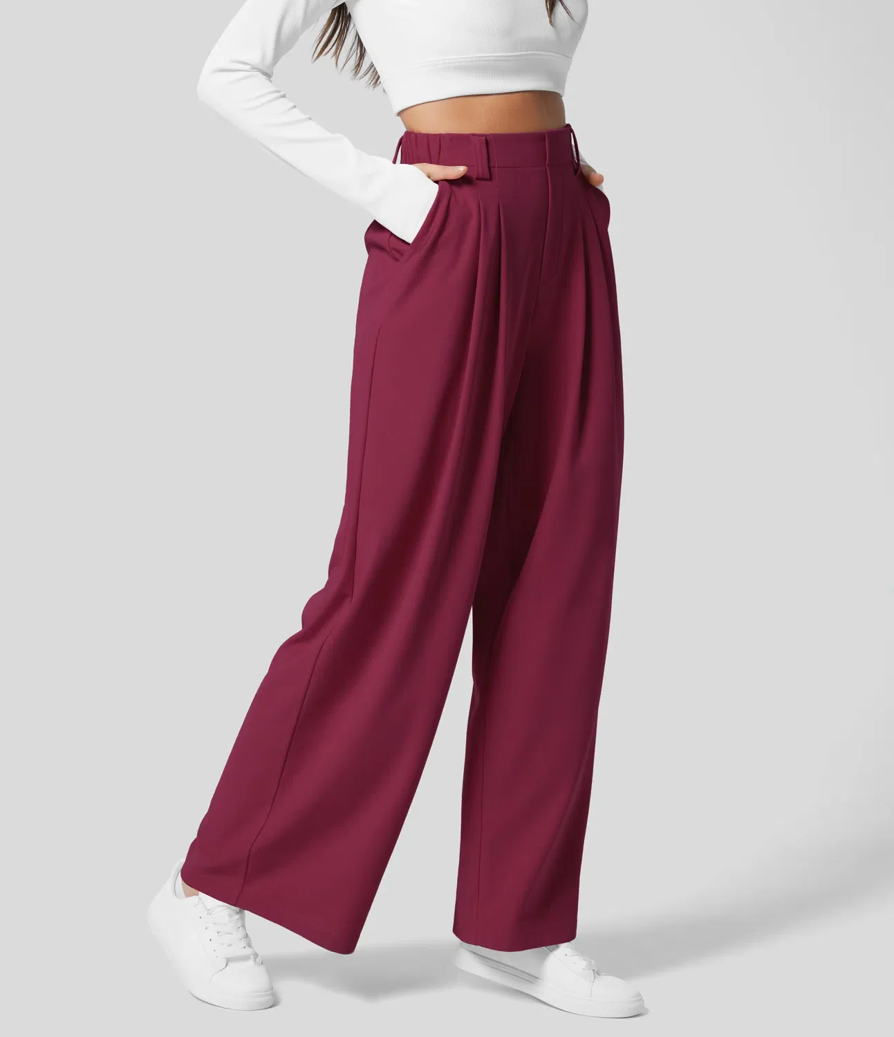 High Waisted Plicated Side Pocket Wide Leg Waffle Work Pants - Image 11