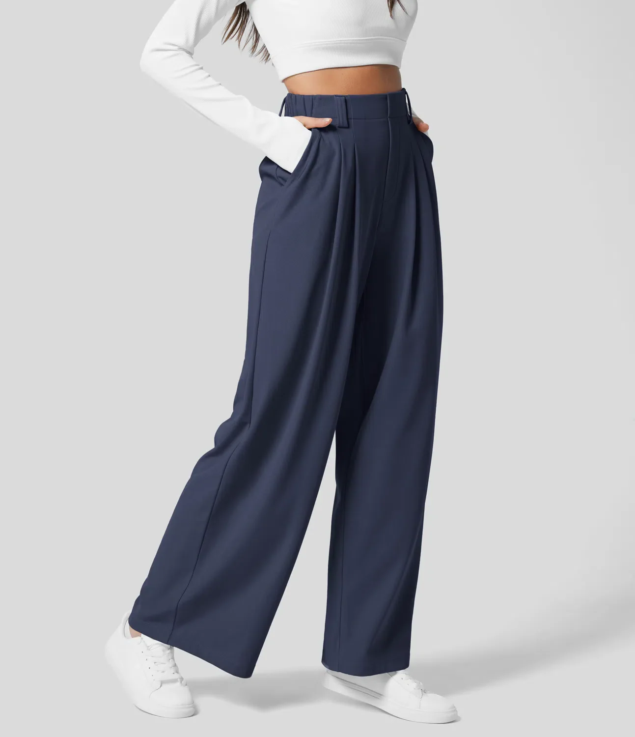 High Waisted Plicated Side Pocket Wide Leg Waffle Work Pants - Image 3
