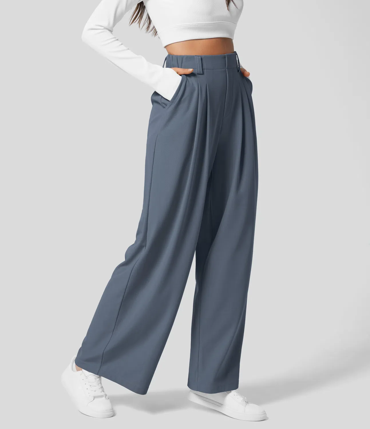 High Waisted Plicated Side Pocket Wide Leg Waffle Work Pants - Image 4