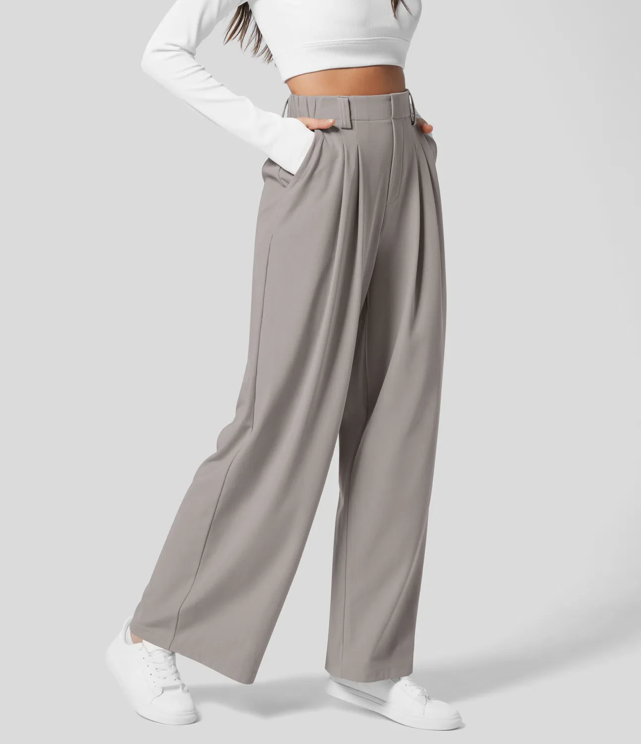 High Waisted Plicated Side Pocket Wide Leg Waffle Work Pants - Image 5