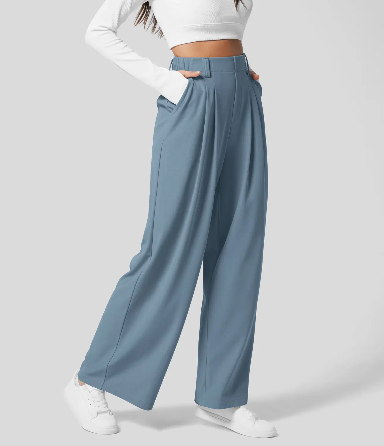 High Waisted Plicated Side Pocket Wide Leg Waffle Work Pants - Image 6
