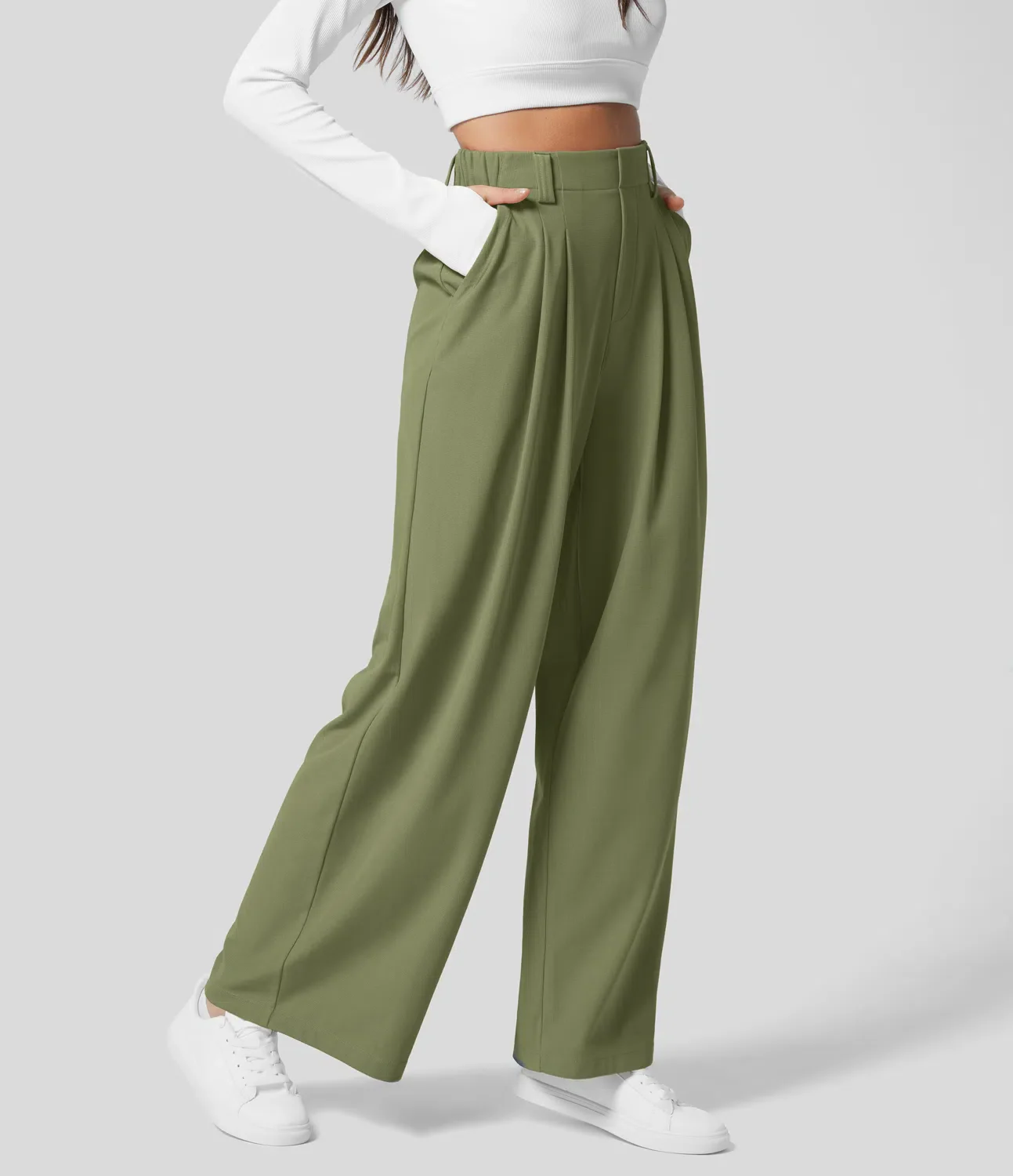 High Waisted Plicated Side Pocket Wide Leg Waffle Work Pants - Image 7