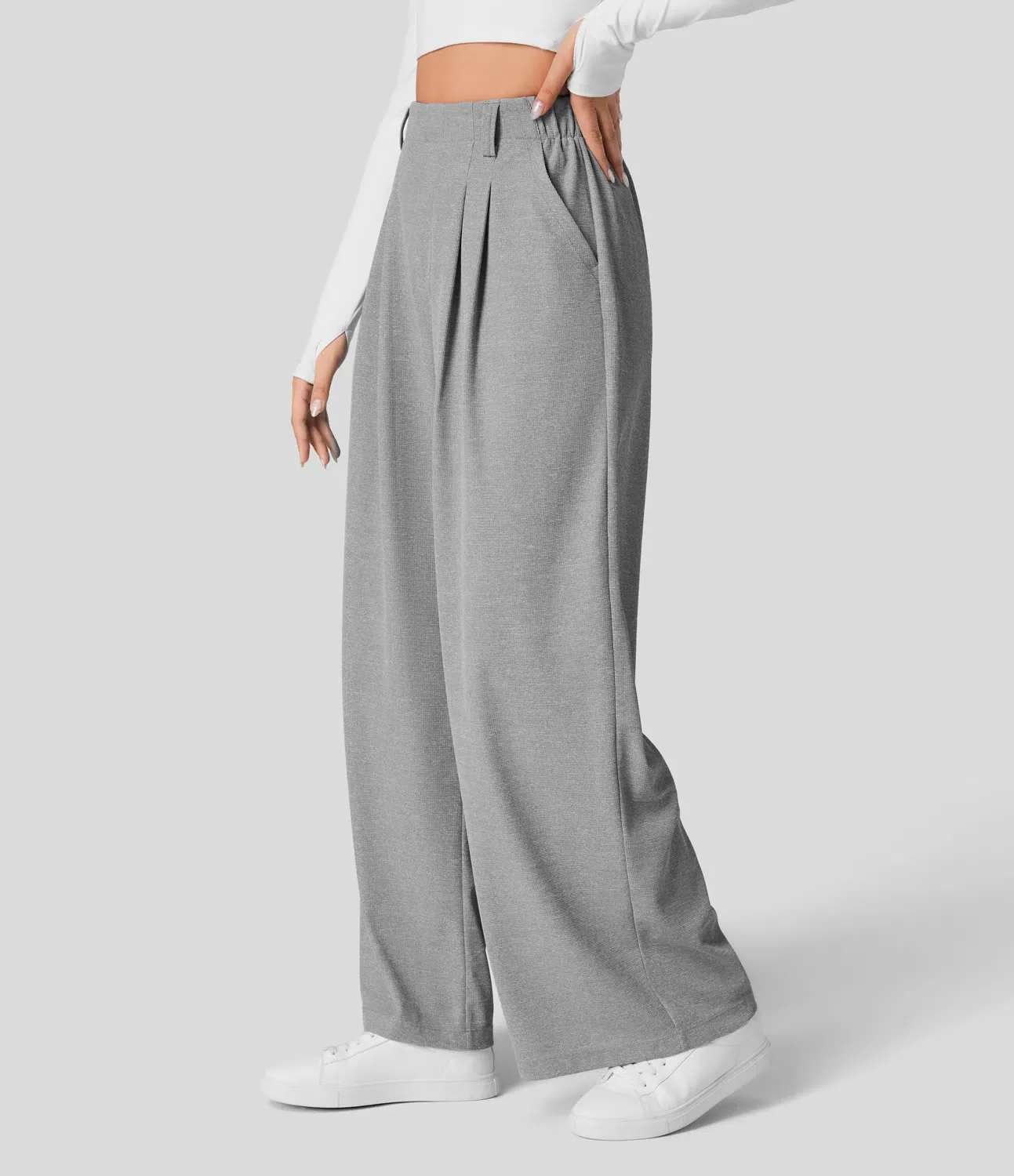High Waisted Plicated Side Pocket Wide Leg Waffle Work Pants - Image 8