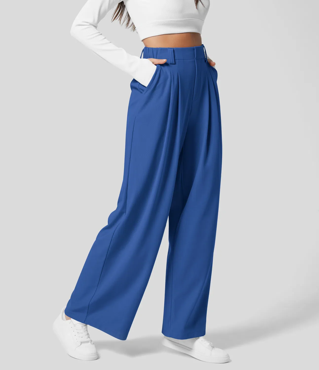 High Waisted Plicated Side Pocket Wide Leg Waffle Work Pants - Image 9