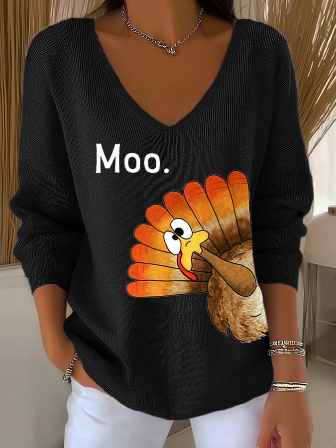 Women's Thanksgiving Turkey Moo Print Knit Top - Image 3