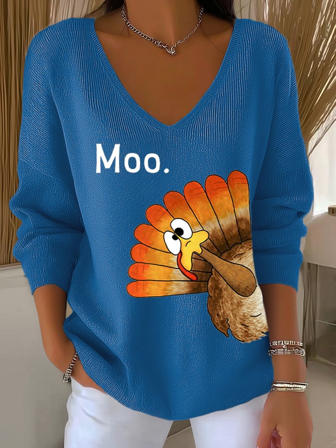 Women's Thanksgiving Turkey Moo Print Knit Top - Image 4