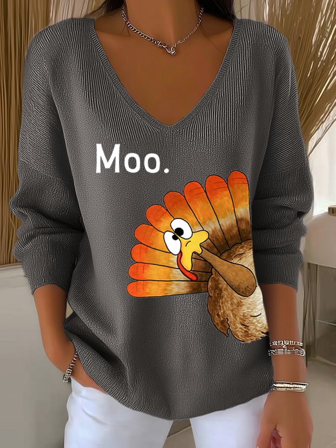 Women's Thanksgiving Turkey Moo Print Knit Top - Image 5