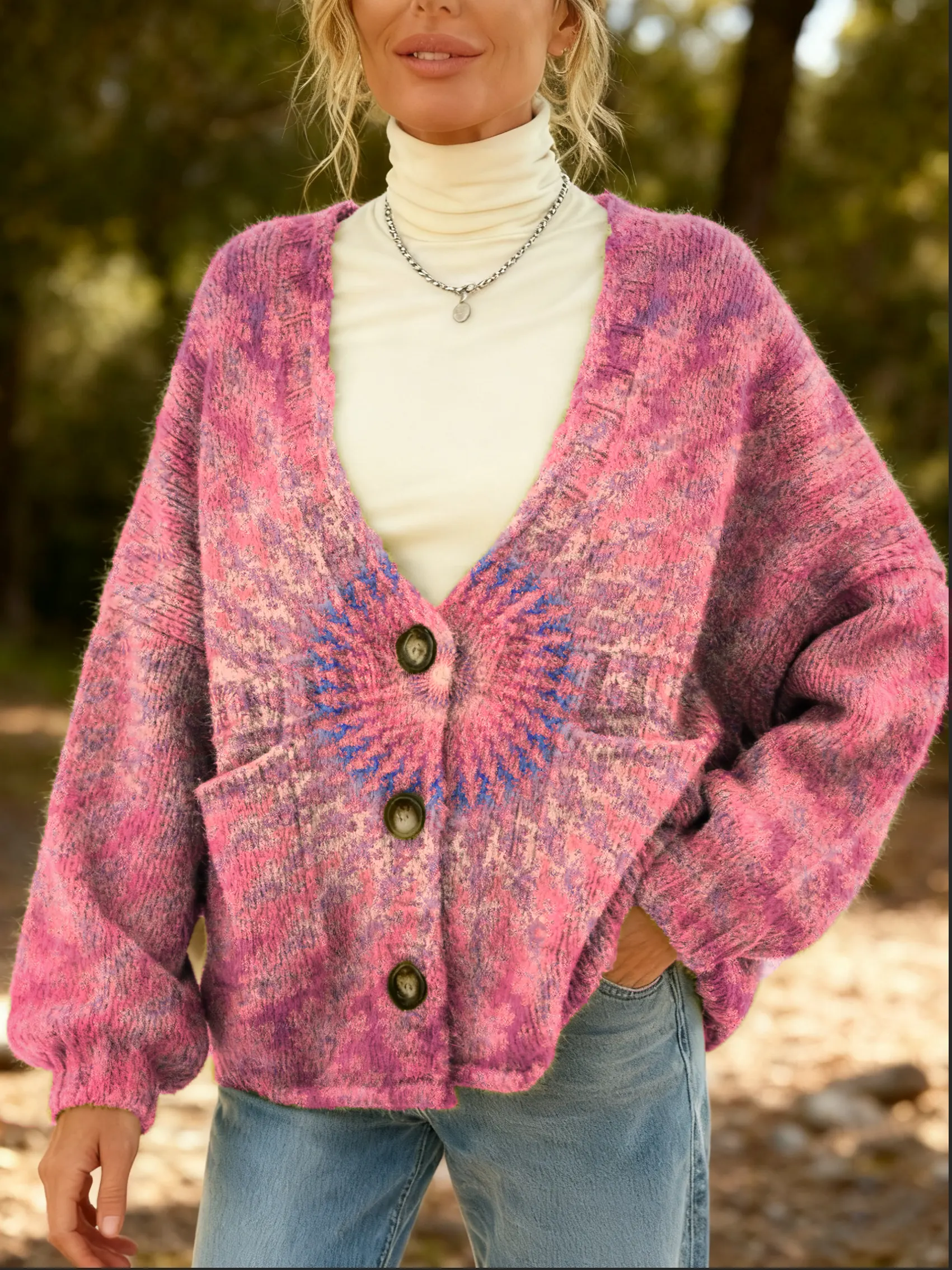 Women's Tie-Dye Mandala Pattern Art Print Cardigan with Pockets