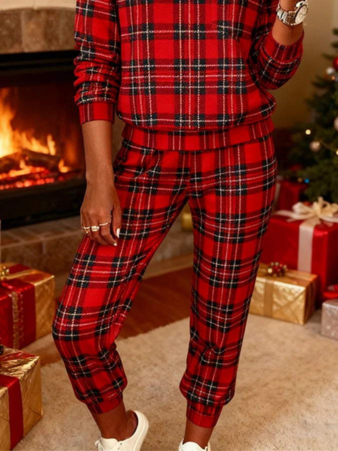 Women'S V-Neck Christmas Plaid Two-Piece Suit - Image 3