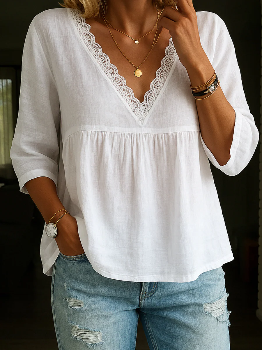 Women's V-neck Lace Cotton Shirt
