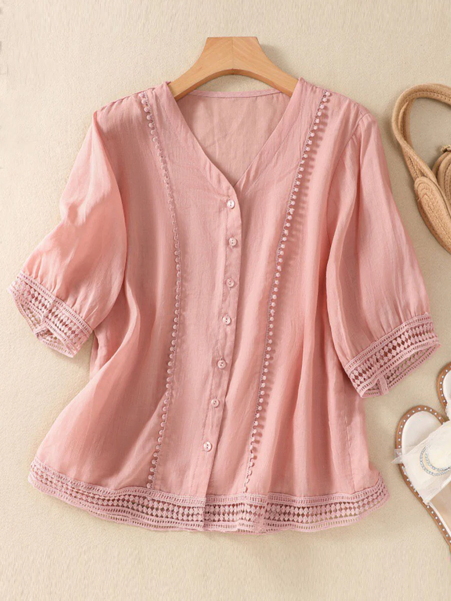 Women's V-neck Short Sleeve Crochet Casual Linen Cardigan Shirt - Image 3