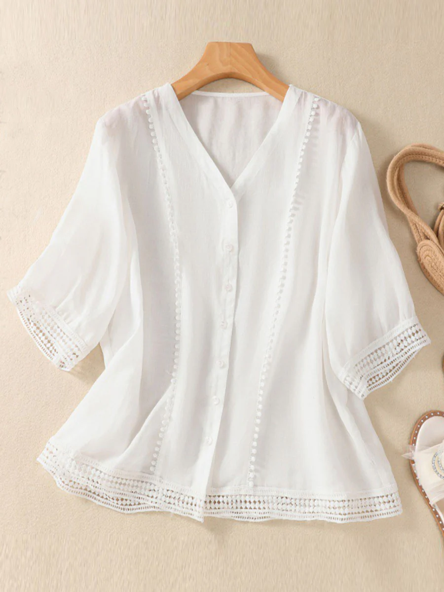 Women's V-neck Short Sleeve Crochet Casual Linen Cardigan Shirt - Image 4
