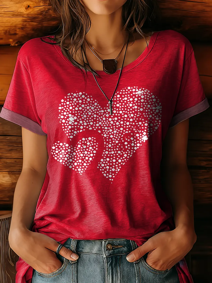 Women's Valentine's Day Art Pattern Print Crew Neck T-Shirt