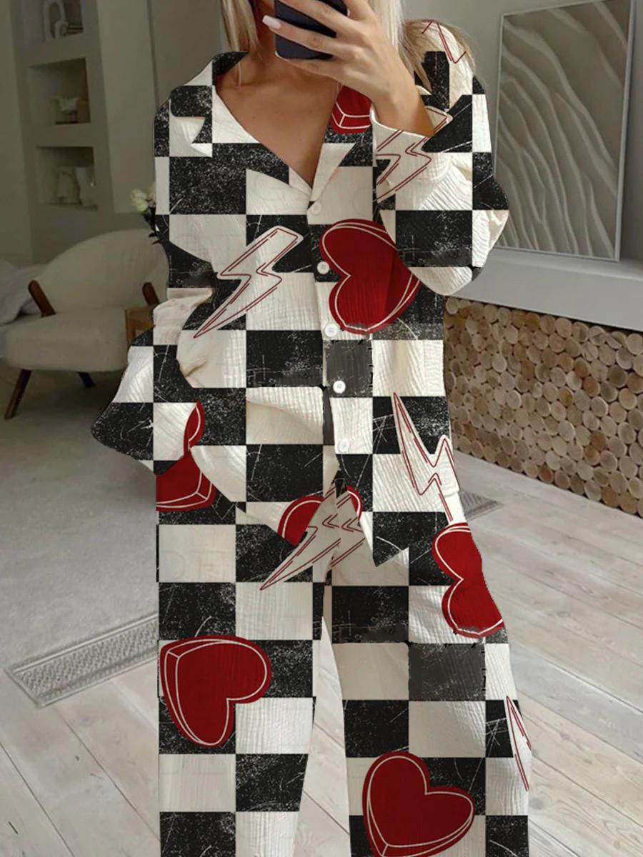Women's Valentine's Day Heart Checkerboard Lightning Pattern Long Sleeve Pants Set