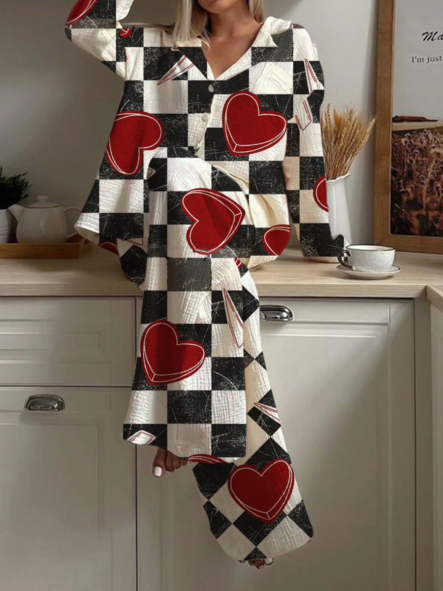 Women's Valentine's Day Heart Checkerboard Lightning Pattern Long Sleeve Pants Set - Image 2