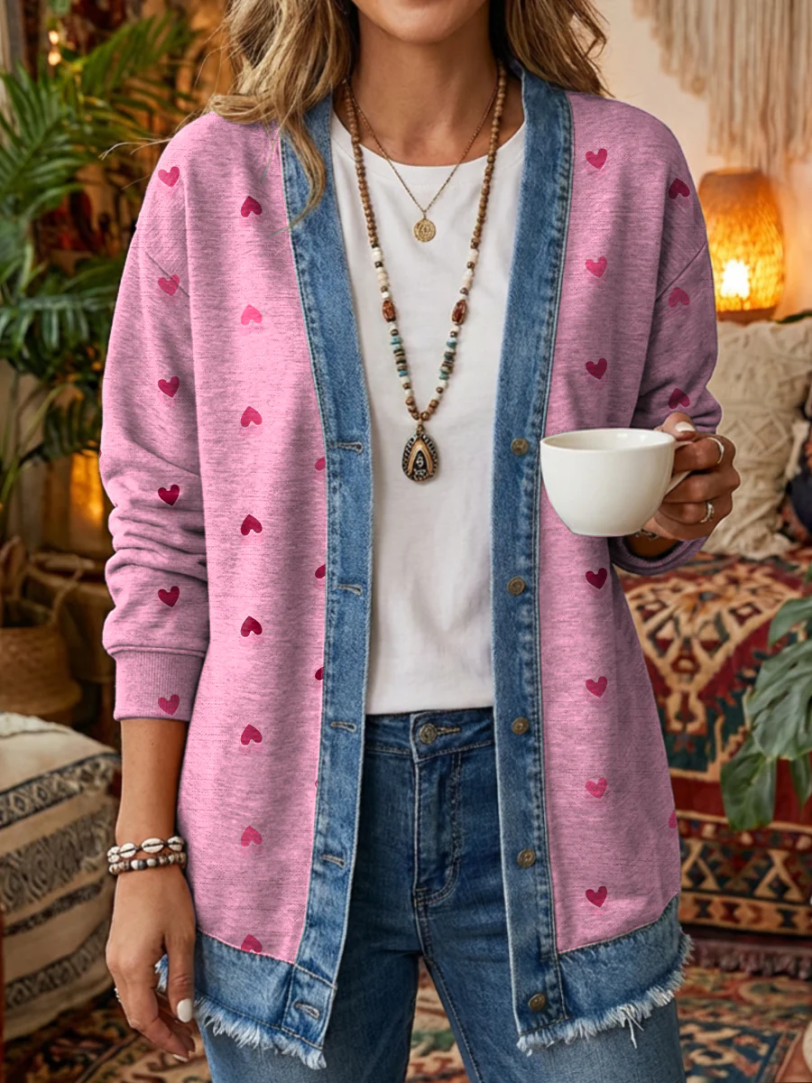 Women's Valentine's Day Pink Cute Heart Art Printed Casual Cowboy Patchwork Long Sleeve Cotton Jacket