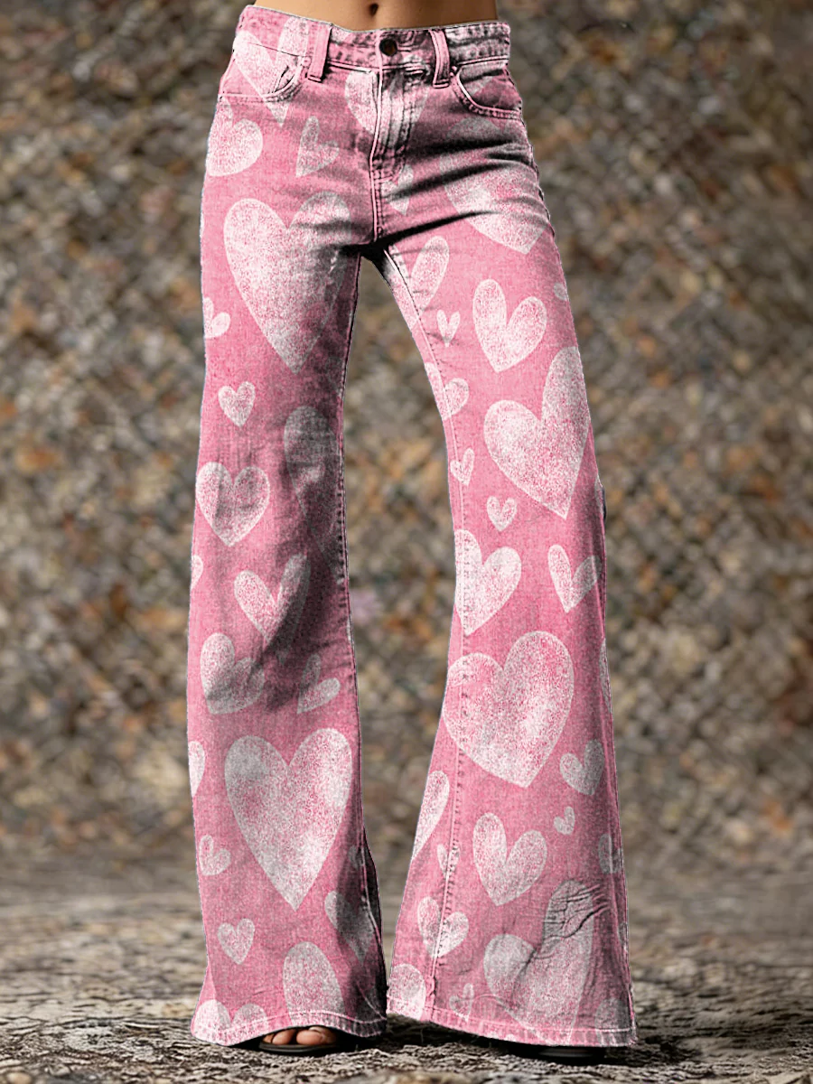 Women's Valentine's Day Pink Heart Art Print Casual Slim Denim Wide-leg Pants