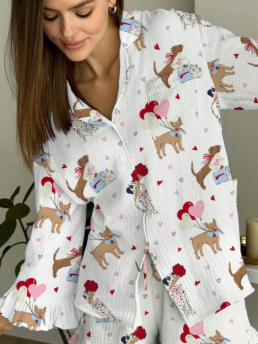 Women's Valentine's Day Puppy Ruffle Pajama Set