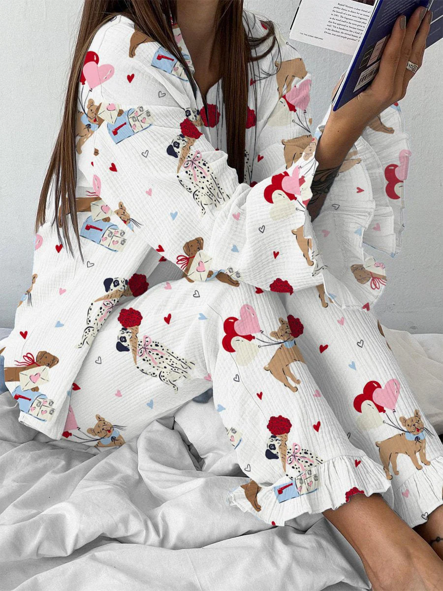 Women's Valentine's Day Puppy Ruffle Pajama Set - Image 2