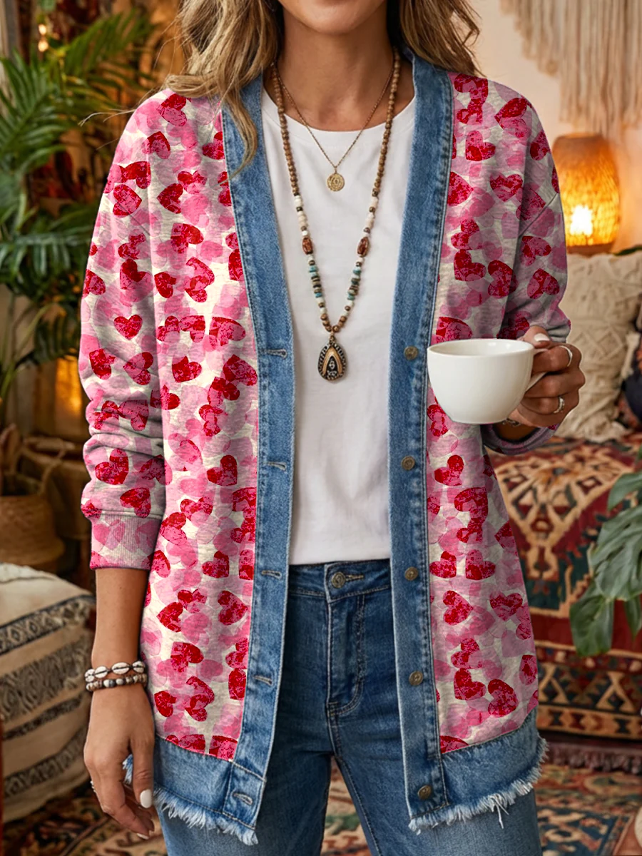 Women's Valentine's Day Red Heart Art Print Casual Button Denim Patchwork Jacket