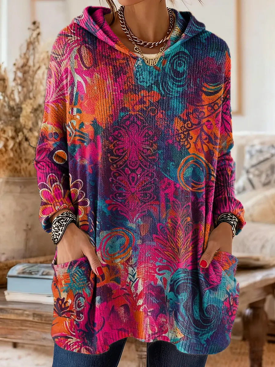 Women's Vibrant Floral Print Artistic Casual Knit Hoodie With Pockets