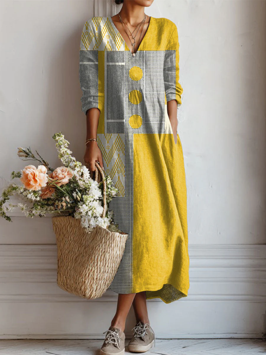 Women's Vintage Abstract Geometry Art Print Linen Pocket Tunic Dress
