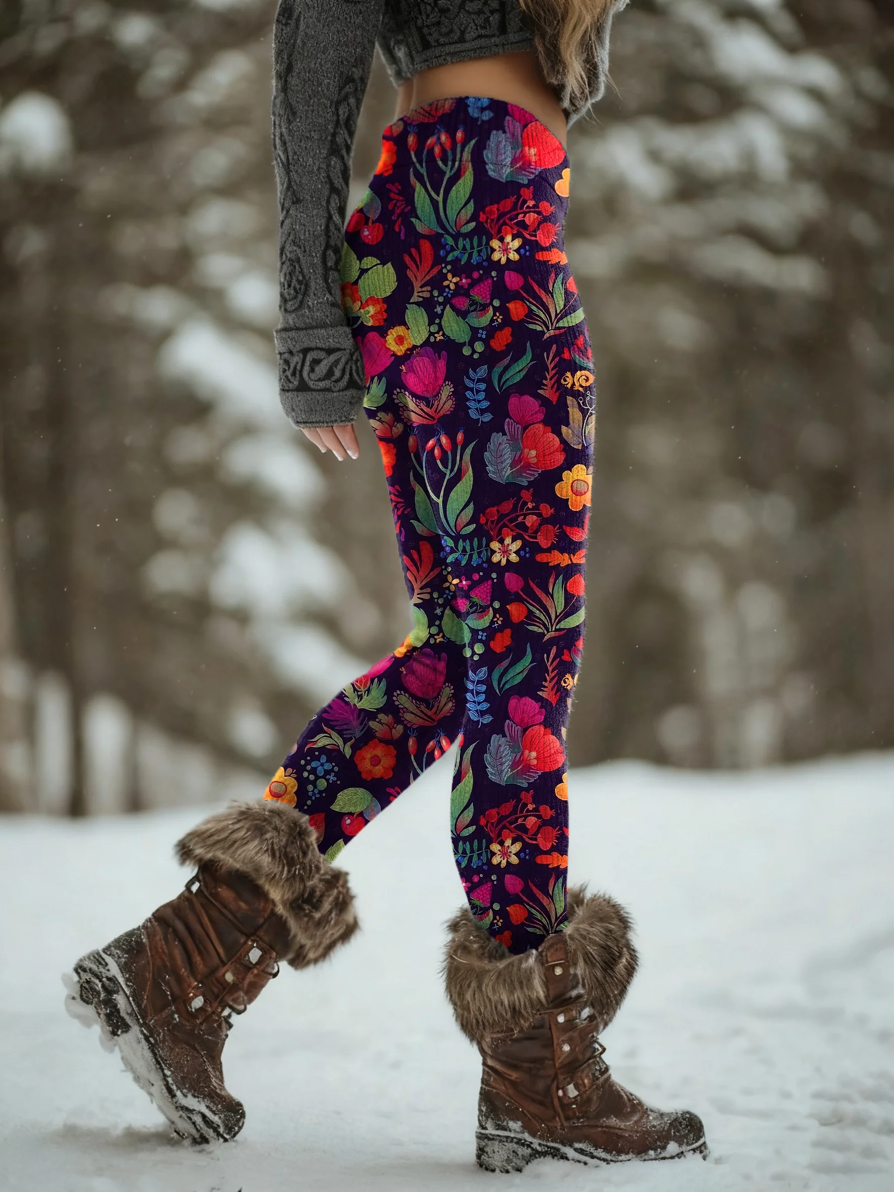 Women's Vintage Black Floral Art Print Knit Bottoms