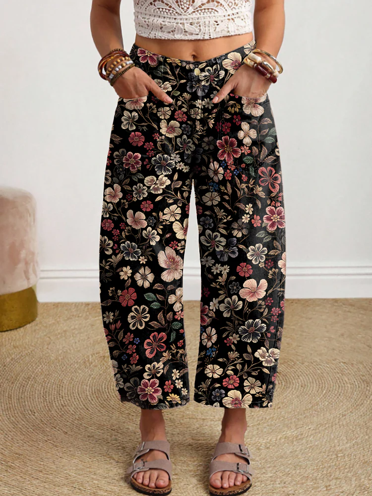 Women's Vintage Black Floral Art Print Leisure Pocket Jeans